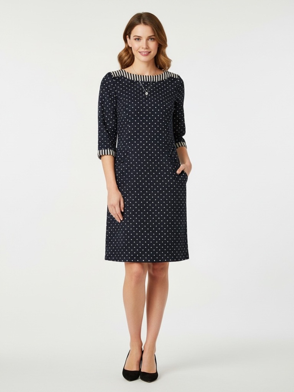 Boden Justine Jacquard Dress Quilted Dark Navy Blue Polka‎ Dot Shift Dress Sz 2R